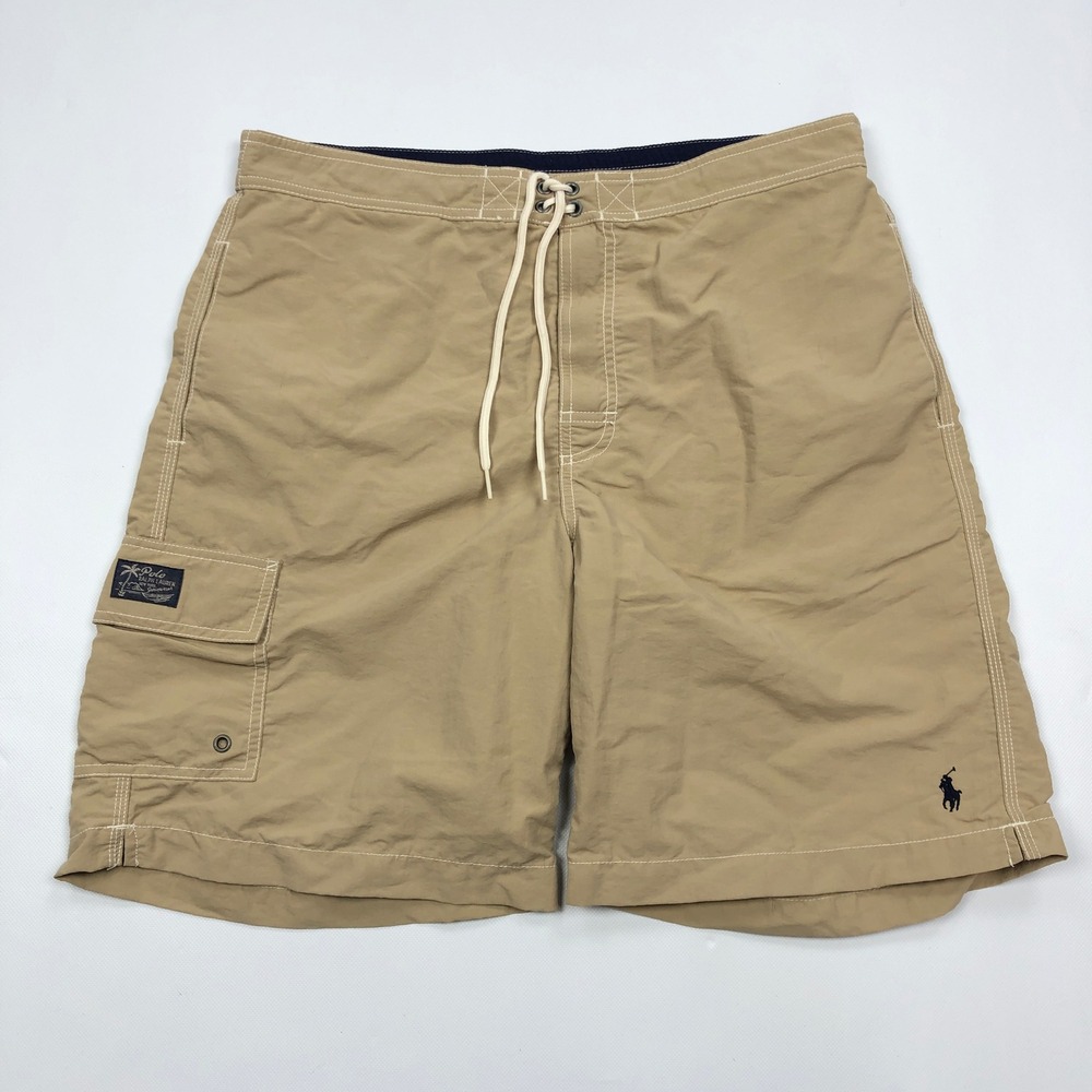 Polo Ralph Lauren Mens Swim Trunks Size M Tan Khaki Cargo Mesh Board Shorts